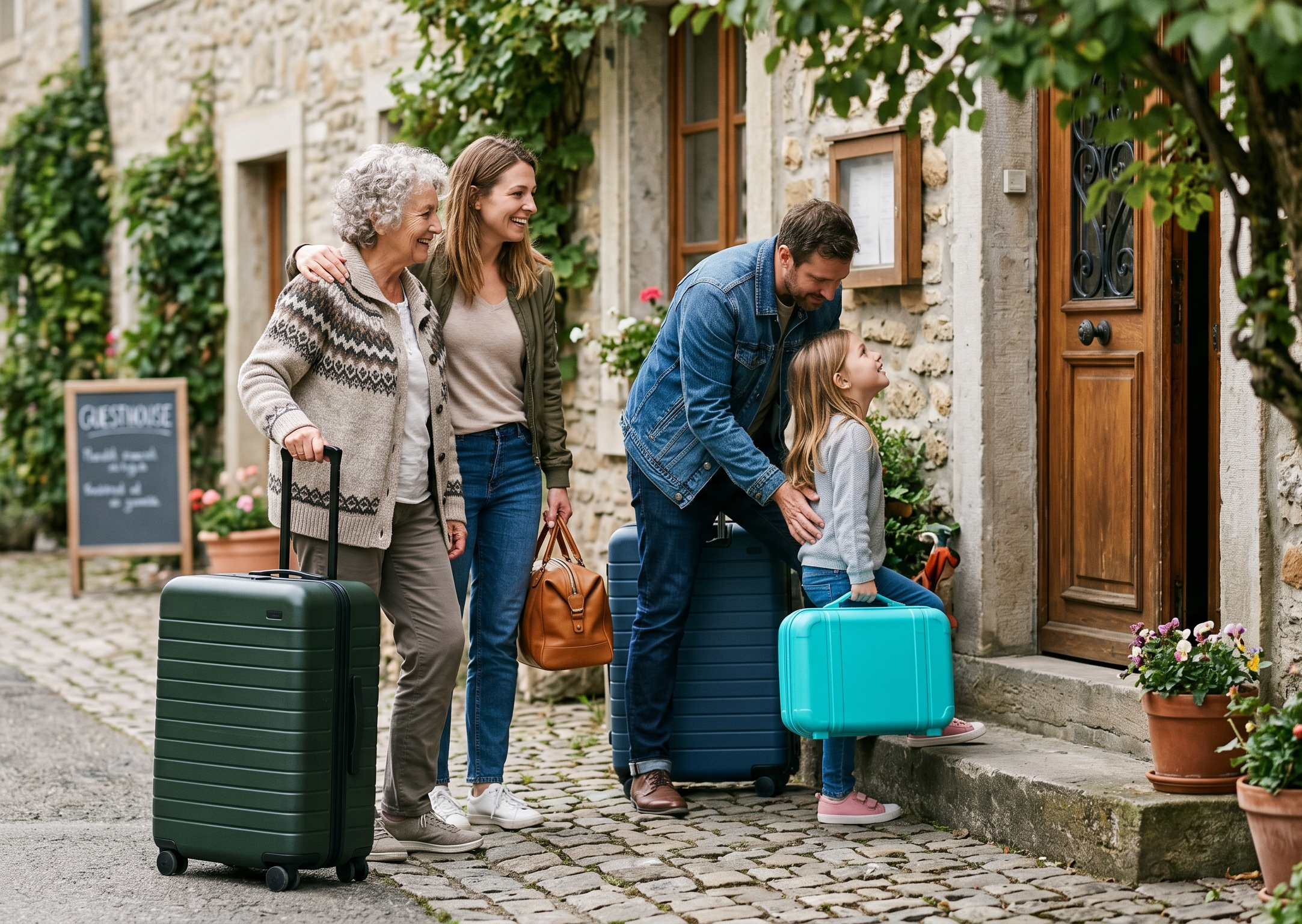 Family with luggage outside stone house travel photo